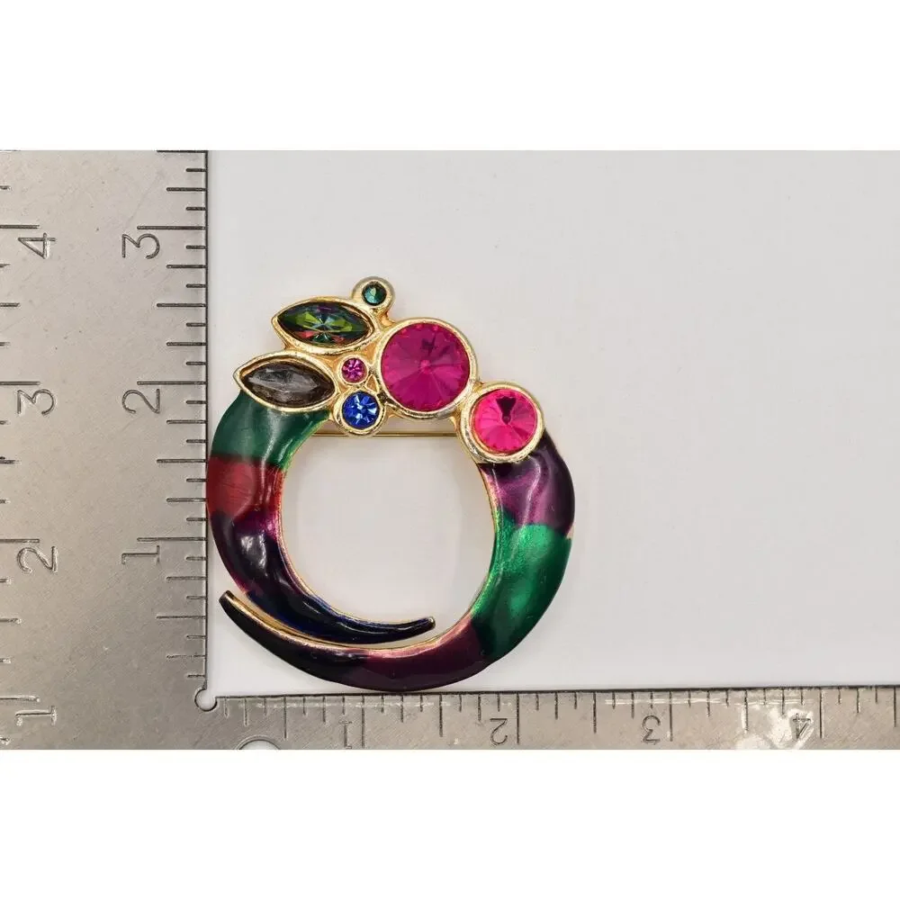 ECD Vintage Crystal Brooch Pin Multi-Color Enamel Gold Chunky 1980s Signed BinBG